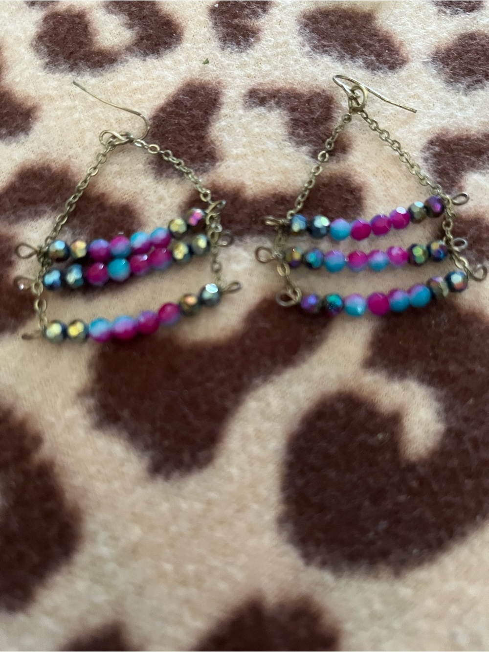 Triple-Row Beaded Dangle Earrings in Pink & Turquoise